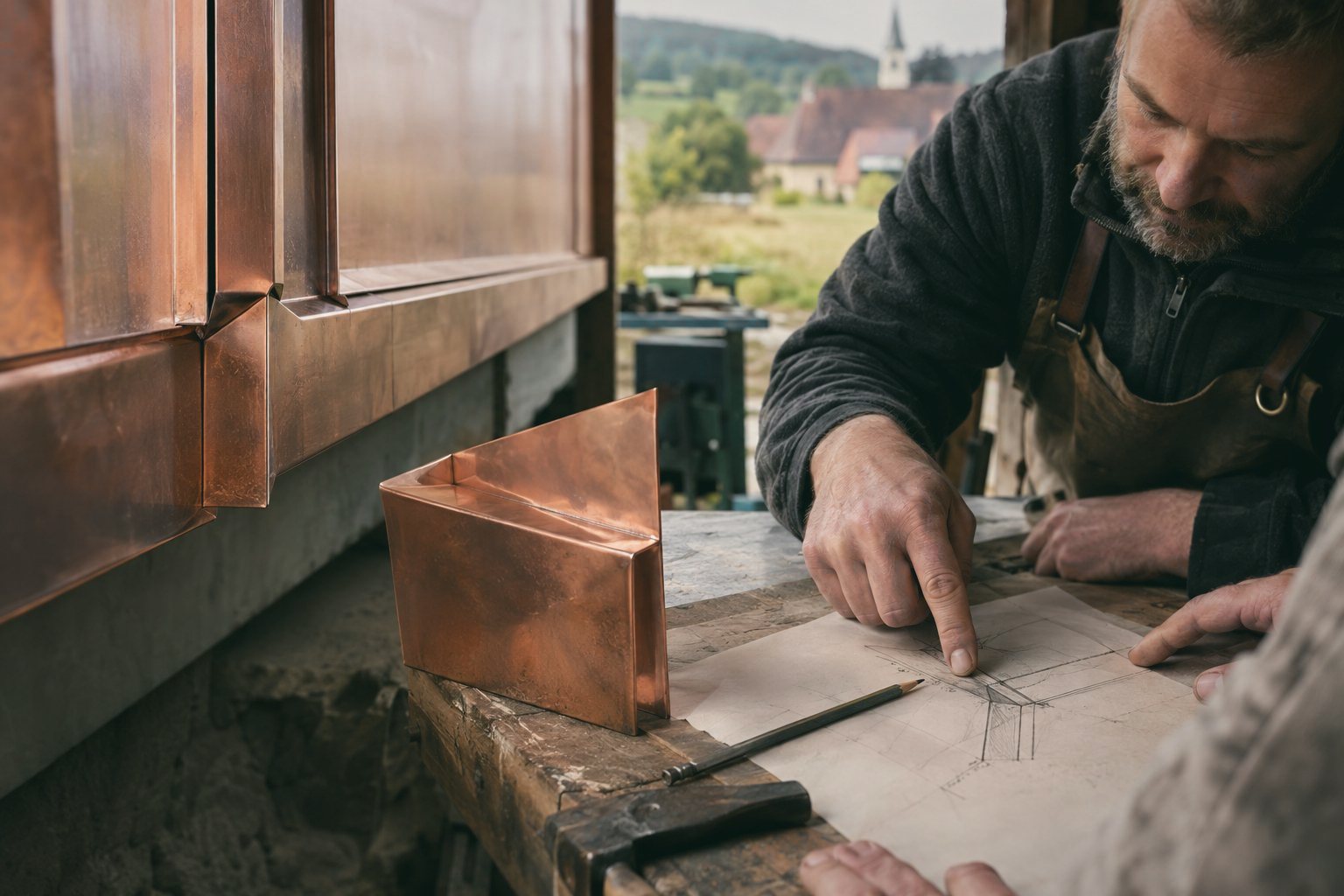 Handgefertigtes Kupfer-Eckstück auf der Werkbank