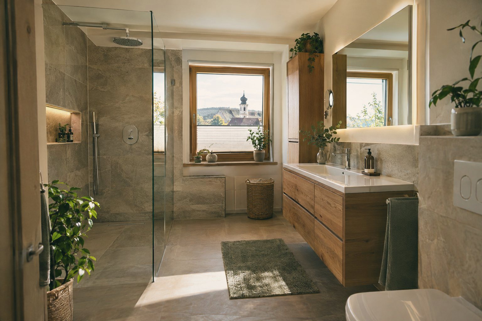 Modernisiertes, helles Familienbad mit bodengleicher Dusche