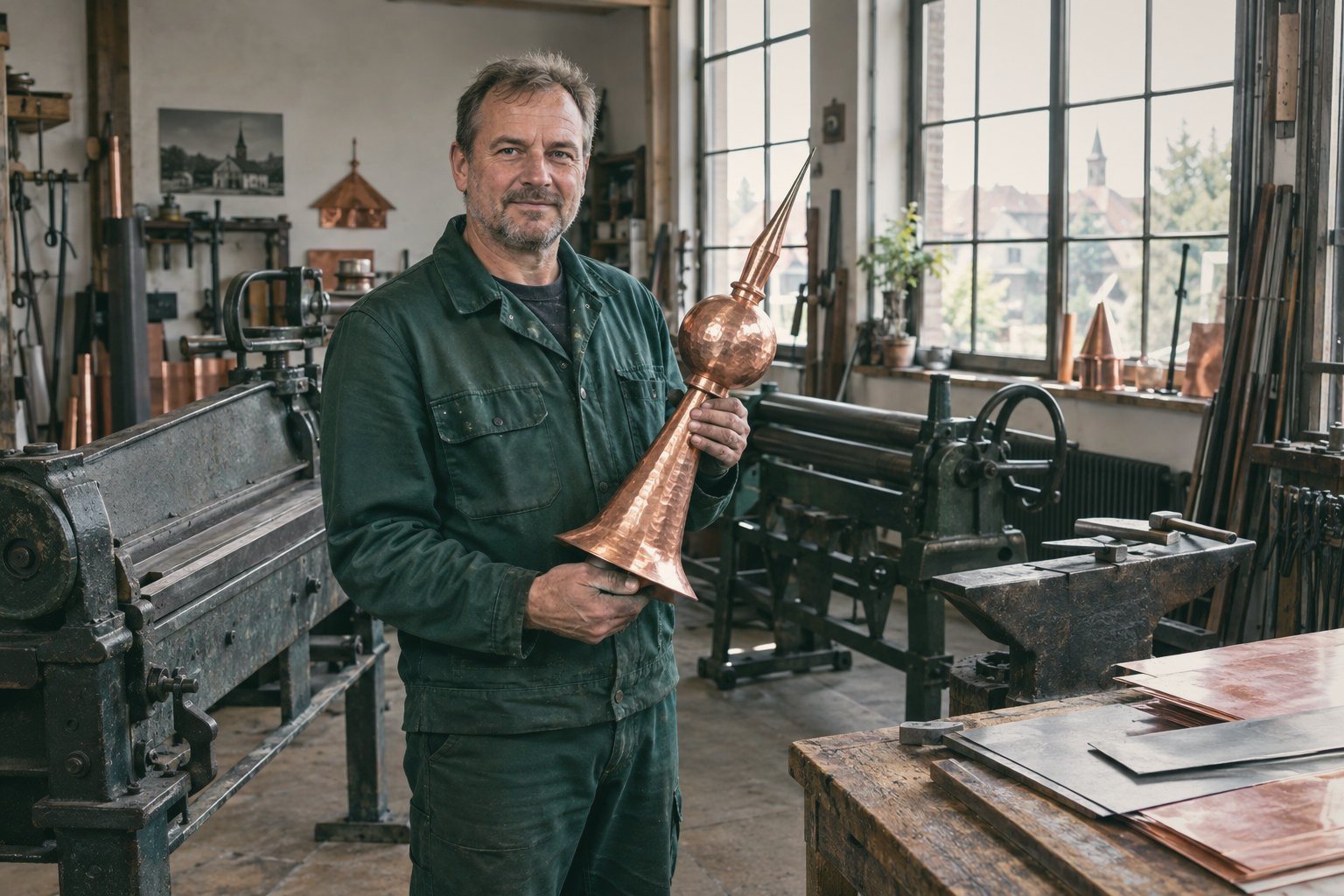Spenglermeister in der Werkstatt mit handgetriebener Kupfer-Turmspitze