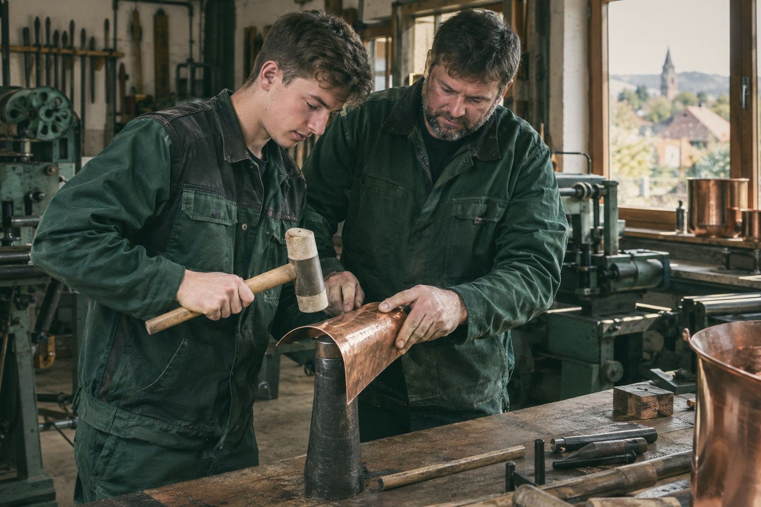 Meister und Auszubildender in der Werkstatt