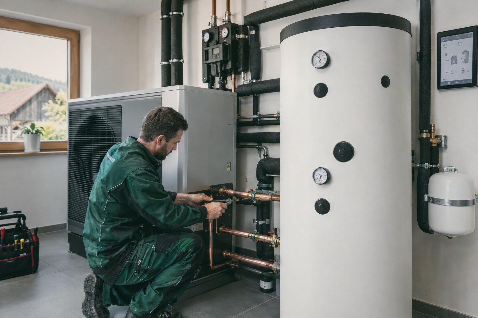 Installateur an einer modernen Wärmepumpe